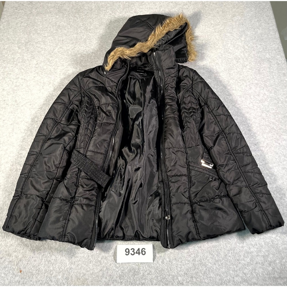 Rampage Puffer Jacket Womens Large Black Faux Fur Trim Hooded Belted Winter